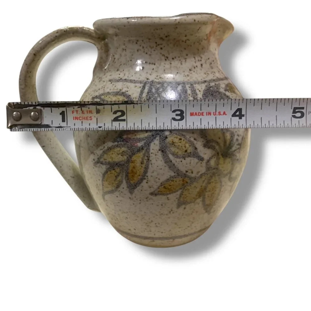 Studio Pottery VTG Mini Ceramic Pitcher Floral Tan Blue Accents 5’ Artist Signed